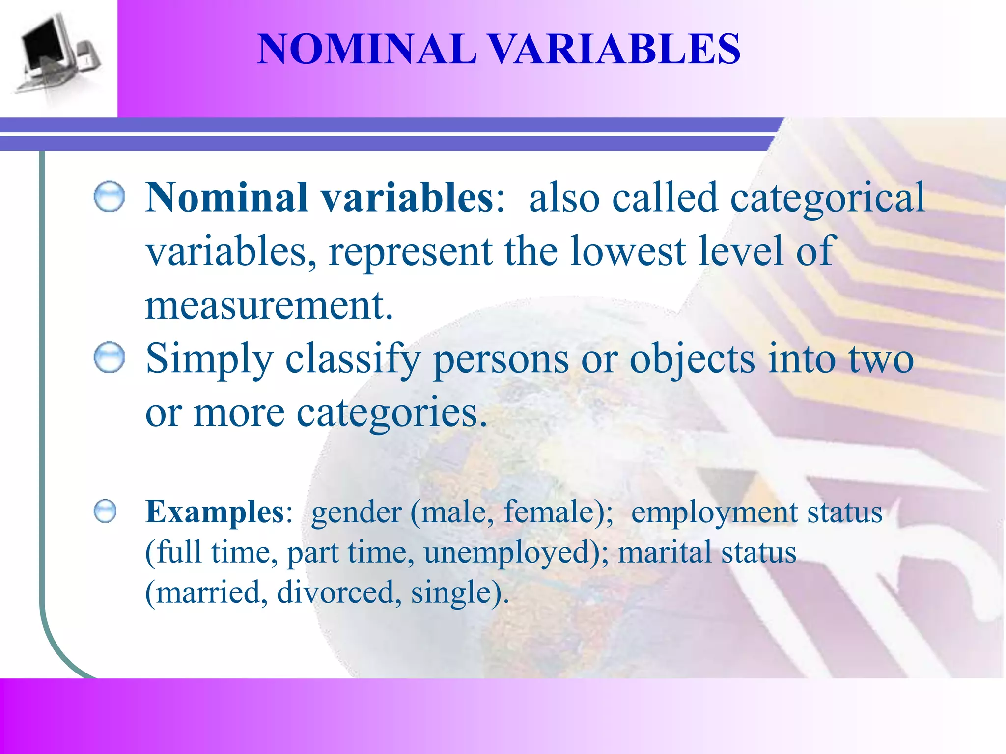 NOMINAL VARIABLES 
Nominal variables: also called categorical 
variables, represent the lowest level of 
measurement. 
Simply classify persons or objects into two 
or more categories. 
Examples: gender (male, female); employment status 
(full time, part time, unemployed); marital status 
(married, divorced, single). 
 