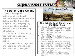 SIGNIFICANT EVENTS
The Dutch Cape Colony
• First European
settlement in South
Africa established by the
Dutch in 1652 for the
purpose of resupplying
ships as they sailed
around the southern tip
of Africa
• It created a racially
segregated society
dependent on African
labor
• Dutch settlers regarded
the land as theirs and
Africans as foreigner
The British Cape Colony and
the Great Trek
• Great Britain captured the
Cape Colony from the Dutch
in 1806 and began to impose
English law on the
Afrikaners.
• In 1833, the British
government abolished slavery
altogether.
• Many Afrikaners attempted
to escape British colonial
control by travelling to the
interior of the country to
preserve their 17th
century
Dutch culture.
• The Afrikaner migration
became known as the Great
 