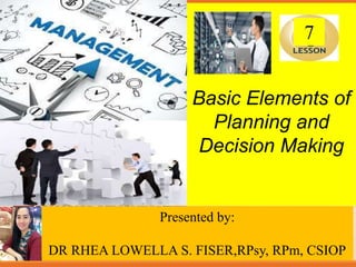 Slide content created by Joseph B. Mosca, Monmouth University.
Copyright © Houghton Mifflin Company. All rights reserved.
Basic Elements of
Planning and
Decision Making
Presented by:
DR RHEA LOWELLA S. FISER,RPsy, RPm, CSIOP
7
 