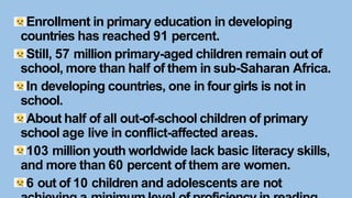 Enrollment in primary education in developing
countries has reached 91 percent.
Still, 57 million primary-aged children remain out of
school, more than half of them in sub-Saharan Africa.
In developing countries, one in four girls is not in
school.
About half of all out-of-school children of primary
school age live in conflict-affected areas.
103 million youth worldwide lack basic literacy skills,
and more than 60 percent of them are women.
6 out of 10 children and adolescents are not
 