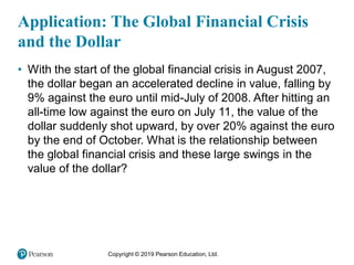 Copyright © 2019 Pearson Education, Ltd.
Application: The Global Financial Crisis
and the Dollar
• With the start of the global financial crisis in August 2007,
the dollar began an accelerated decline in value, falling by
9% against the euro until mid-July of 2008. After hitting an
all-time low against the euro on July 11, the value of the
dollar suddenly shot upward, by over 20% against the euro
by the end of October. What is the relationship between
the global financial crisis and these large swings in the
value of the dollar?
 