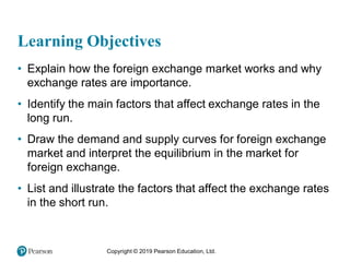Copyright © 2019 Pearson Education, Ltd.
Learning Objectives
• Explain how the foreign exchange market works and why
exchange rates are importance.
• Identify the main factors that affect exchange rates in the
long run.
• Draw the demand and supply curves for foreign exchange
market and interpret the equilibrium in the market for
foreign exchange.
• List and illustrate the factors that affect the exchange rates
in the short run.
 