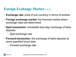 Copyright © 2019 Pearson Education, Ltd.
Foreign Exchange Market(1 of 2)
• Exchange rate: price of one currency in terms of another
• Foreign exchange market: the financial market where
exchange rates are determined
• Spot transaction: immediate (two-day) exchange of bank
deposits
– Spot exchange rate
• Forward transaction: the exchange of bank deposits at
some specified future date
– Forward exchange rate
 