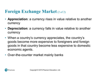 Copyright © 2019 Pearson Education, Ltd.
Foreign Exchange Market(2 of 2)
• Appreciation: a currency rises in value relative to another
currency
• Depreciation: a currency falls in value relative to another
currency
• When a country’s currency appreciates, the country’s
goods become more expensive to foreigners and foreign
goods in that country become less expensive to domestic
economic agents.
• Over-the-counter market mainly banks
 