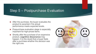 Step 5 – Postpurchase Evaluation
 After the purchase, the buyer evaluates the
product to ascertain if its actual
performance meets expected levels.
 Pospurchase evaluation stage is especially
important for high-priced items.
 Shortly after the purchase of an expensive
product, cognitive dissonance may
happen. It is the doubt that a buyer feels
after a purchase whether the decision was
the right one.
 