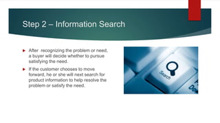 Step 2 – Information Search
 After recognizing the problem or need,
a buyer will decide whether to pursue
satisfying the need.
 If the customer chooses to move
forward, he or she will next search for
product information to help resolve the
problem or satisfy the need.
 