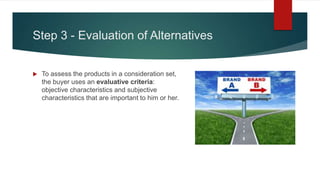 Step 3 - Evaluation of Alternatives
 To assess the products in a consideration set,
the buyer uses an evaluative criteria:
objective characteristics and subjective
characteristics that are important to him or her.
 