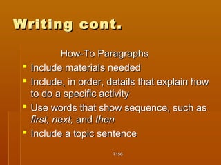 WWrriittiinngg ccoonntt.. 
HHooww--TToo PPaarraaggrraapphhss 
 IInncclluuddee mmaatteerriiaallss nneeeeddeedd 
 IInncclluuddee,, iinn oorrddeerr,, ddeettaaiillss tthhaatt eexxppllaaiinn hhooww 
ttoo ddoo aa ssppeecciiffiicc aaccttiivviittyy 
 UUssee wwoorrddss tthhaatt sshhooww sseeqquueennccee,, ssuucchh aass 
ffiirrsstt,, nneexxtt,, aanndd tthheenn 
 IInncclluuddee aa ttooppiicc sseenntteennccee 
TT115566 
 