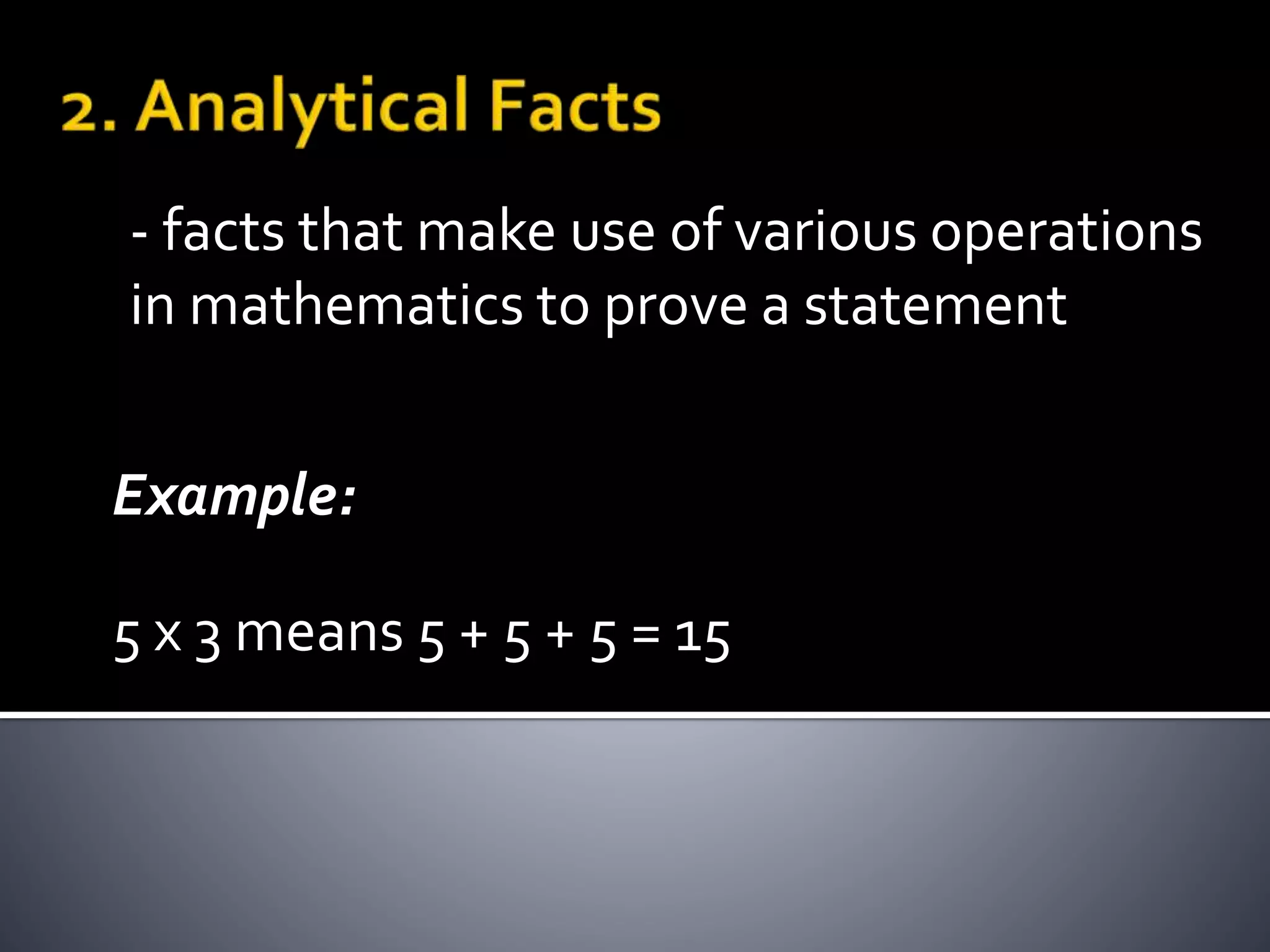 - facts that make use of various operations
in mathematics to prove a statement
Example:
5 x 3 means 5 + 5 + 5 = 15
 
