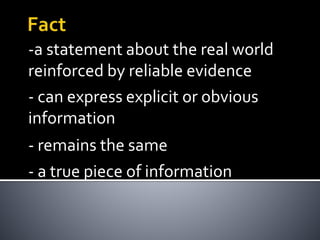 -a statement about the real world
reinforced by reliable evidence
- can express explicit or obvious
information
- remains the same
- a true piece of information
 
