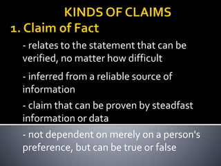 - inferred from a reliable source of
information
- relates to the statement that can be
verified, no matter how difficult
- not dependent on merely on a person's
preference, but can be true or false
- claim that can be proven by steadfast
information or data
 