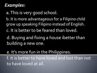 Examples:
a.This is very good school.
b. It is more advantageous for a Filipino child
grow up speaking Filipino instead of English.
d. Buying and fixing a house ibetter than
building a new one.
c. It is better to be feared than loved.
e. It's more fun in the Philippines.
f. It is better to have loved and lost than not
to have loved at all.
 