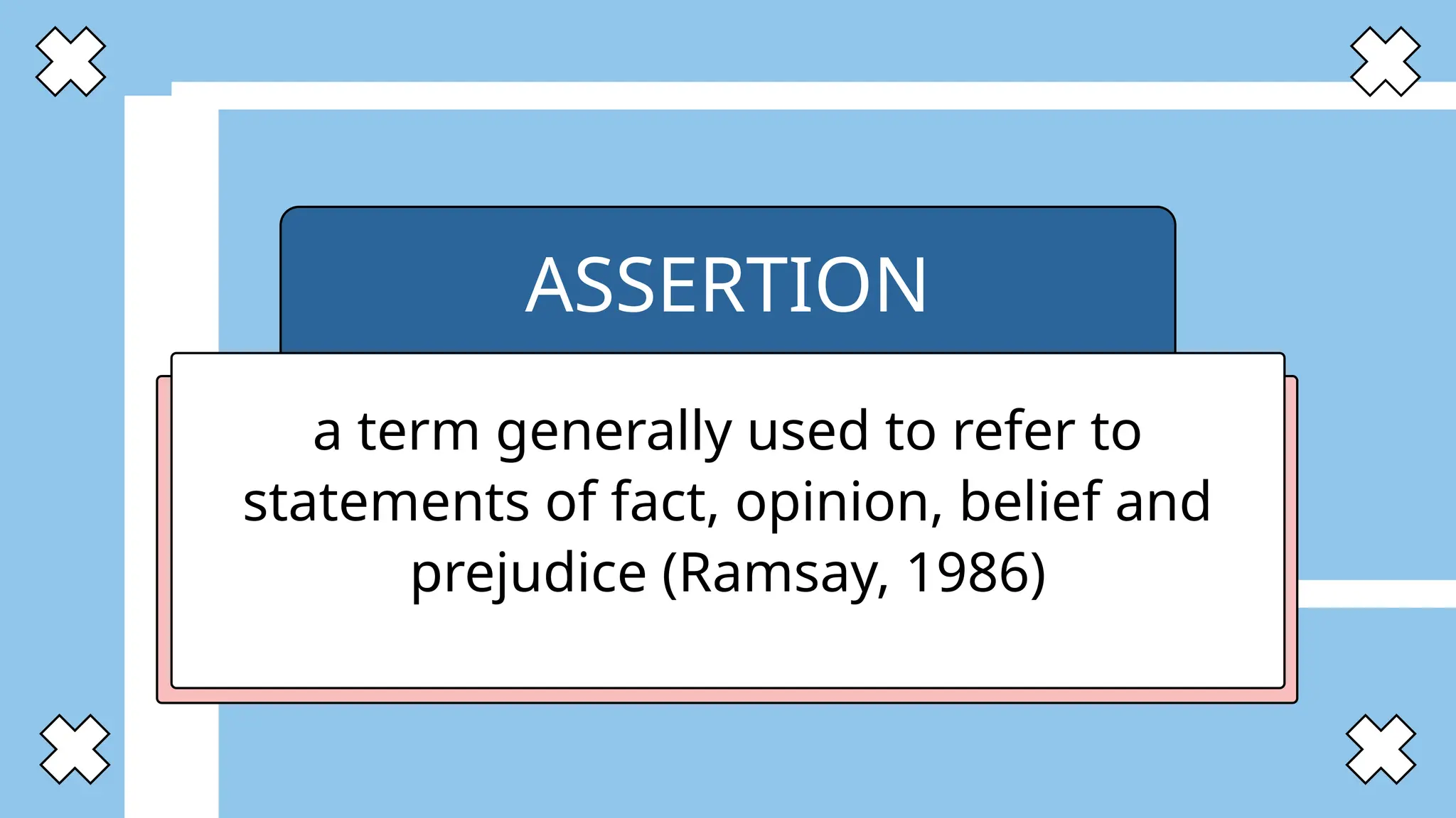 ASSERTION
a term generally used to refer to
statements of fact, opinion, belief and
prejudice (Ramsay, 1986)