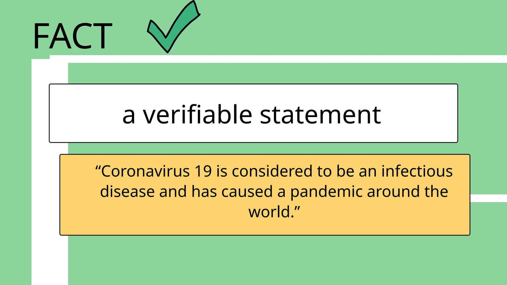 a verifiable statement
“Coronavirus 19 is considered to be an infectious
disease and has caused a pandemic around the
world.”
FACT
