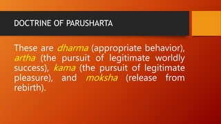 DOCTRINE OF PARUSHARTA
These are dharma (appropriate behavior),
artha (the pursuit of legitimate worldly
success), kama (the pursuit of legitimate
pleasure), and moksha (release from
rebirth).
 