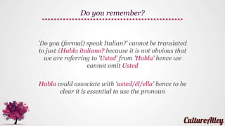 1 2 3
Do you (formal) speak Italian?
(Hint : Italian = italiano)
Solution
¿Tú
hablas
italiano?
¿Habla
italiano?
¿Usted
habla
italiano?
 