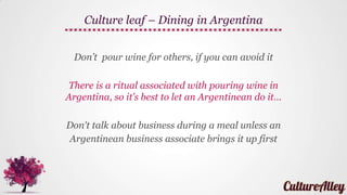Cross your fork and knife to show that you are
finished eating
Remember that dinner is had late in Argentina;
people will usually have dinner at 9 or 10 pm
It’s okay show up between 30 to 60 minutes late if
invited to a party!
Culture leaf – Dining in Argentina
 