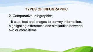 TYPES OF INFOGRAPHIC
2. Comparative Infographics
- It uses text and images to convey information,
highlighting differences and similarities between
two or more items.
 