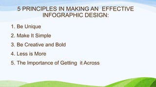 5 PRINCIPLES IN MAKING AN EFFECTIVE
INFOGRAPHIC DESIGN:
1. Be Unique
2. Make It Simple
3. Be Creative and Bold
4. Less is More
5. The Importance of Getting it Across
 