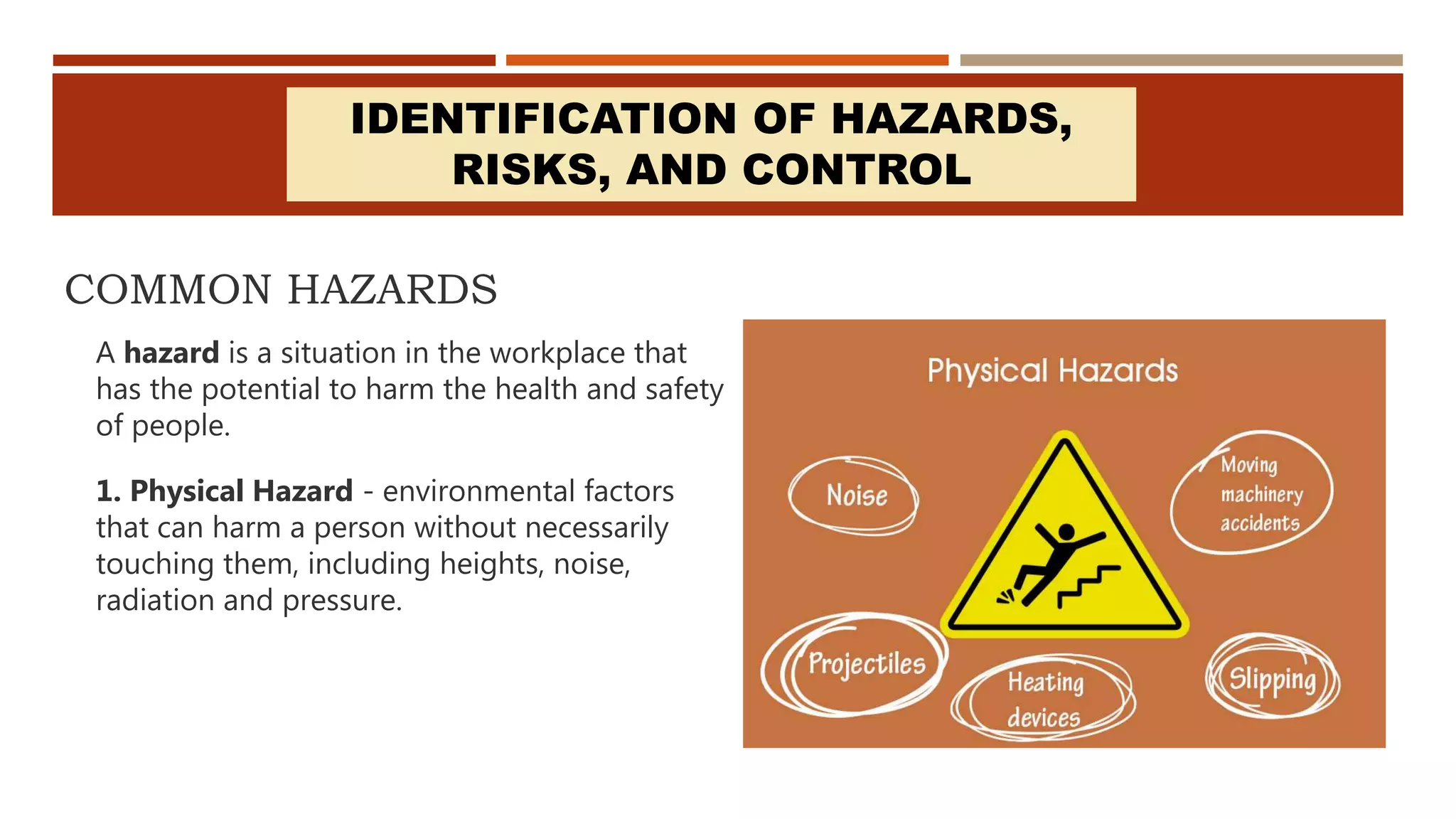 IDENTIFICATION OF HAZARDS,
RISKS, AND CONTROL
A hazard is a situation in the workplace that
has the potential to harm the health and safety
of people.
COMMON HAZARDS
1. Physical Hazard - environmental factors
that can harm a person without necessarily
touching them, including heights, noise,
radiation and pressure.
 
