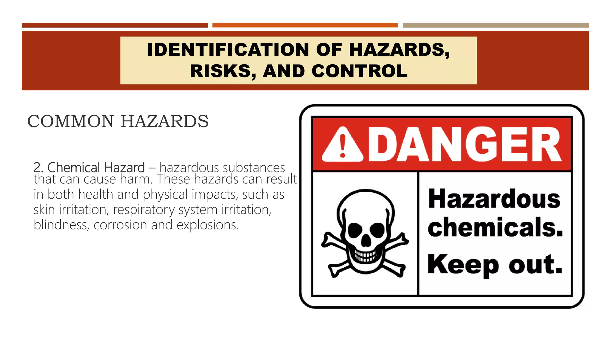 COMMON HAZARDS
2. Chemical Hazard – hazardous substances
that can cause harm. These hazards can result
in both health and physical impacts, such as
skin irritation, respiratory system irritation,
blindness, corrosion and explosions.
IDENTIFICATION OF HAZARDS,
RISKS, AND CONTROL
 