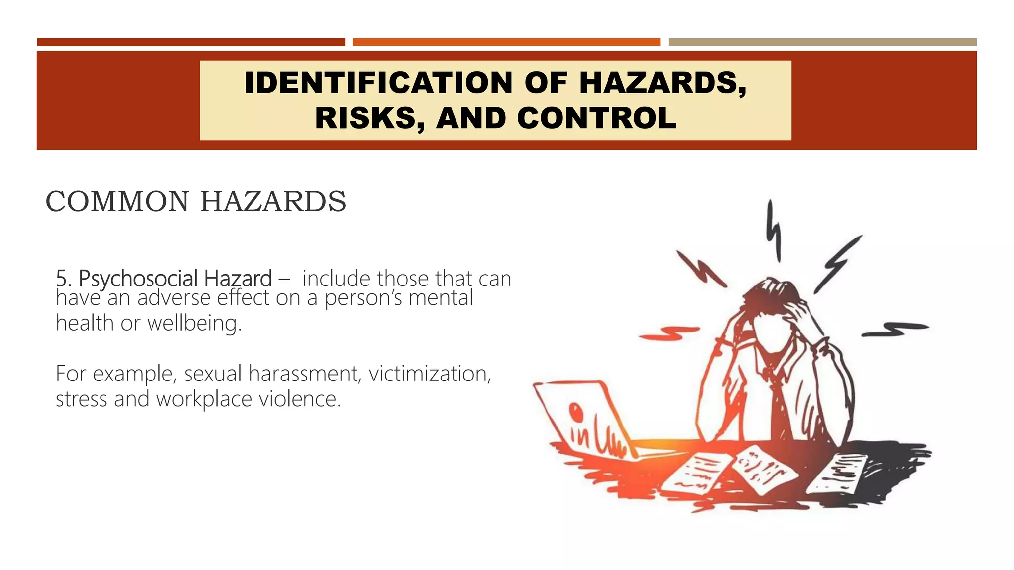 COMMON HAZARDS
5. Psychosocial Hazard – include those that can
have an adverse effect on a person’s mental
health or wellbeing.
For example, sexual harassment, victimization,
stress and workplace violence.
IDENTIFICATION OF HAZARDS,
RISKS, AND CONTROL
 