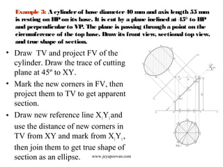 Example 3: A cylinderof base diameter40 mmand axis length 55 mm
is resting on HPon its base. It is cut by a plane inclined at 45° to HP
and perpendicularto VP. The plane is passing through a point on the
circumference of the top base. Draw its front view, sectional top view,
and true shape of section.
• Draw TV and project FV of the
cylinder. Draw the trace of cutting
plane at 45º to XY.
• Mark the new corners in FV, then
project them to TV to get apparent
section.
• Draw new reference line X1
Y1
and
use the distance of new corners in
TV from XY and mark from X1
Y1
,
then join them to get true shape of
section as an ellipse. www.jeyapoovan.com
 
