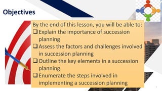 Objectives
3
By the end of this lesson, you will be able to:
Explain the importance of succession
planning
Assess the factors and challenges involved
in succession planning
Outline the key elements in a succession
planning
Enumerate the steps involved in
implementing a succession planning
 