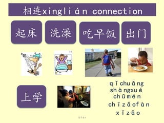分fēn
qǐchuǎng
起床
xǐzǎo
洗澡
chīzǎofàn
吃早饭
chūmén
出门
shàngxué
上学
相连xinglián connection
 