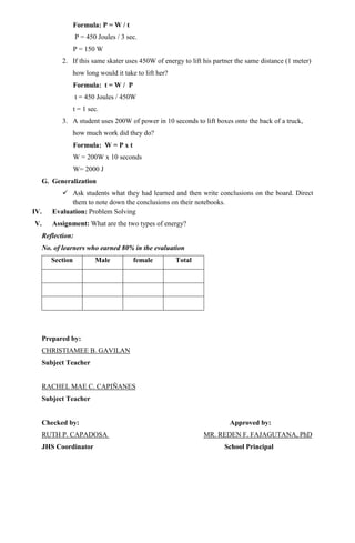 Formula: P = W / t
P = 450 Joules / 3 sec.
P = 150 W
2. If this same skater uses 450W of energy to lift his partner the same distance (1 meter)
how long would it take to lift her?
Formula: t = W / P
t = 450 Joules / 450W
t = 1 sec.
3. A student uses 200W of power in 10 seconds to lift boxes onto the back of a truck,
how much work did they do?
Formula: W = P x t
W = 200W x 10 seconds
W= 2000 J
G. Generalization
 Ask students what they had learned and then write conclusions on the board. Direct
them to note down the conclusions on their notebooks.
IV. Evaluation: Problem Solving
V. Assignment: What are the two types of energy?
Reflection:
No. of learners who earned 80% in the evaluation
Section Male female Total
Prepared by:
CHRISTIAMEE B. GAVILAN
Subject Teacher
RACHEL MAE C. CAPIÑANES
Subject Teacher
Checked by: Approved by:
RUTH P. CAPADOSA MR. REDEN F. FAJAGUTANA, PhD
JHS Coordinator School Principal
 