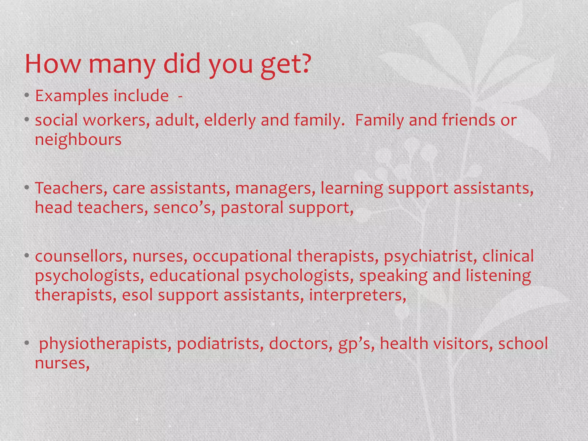 How many did you get? 
• Examples include - 
• social workers, adult, elderly and family. Family and friends or 
neighbours 
• Teachers, care assistants, managers, learning support assistants, 
head teachers, senco’s, pastoral support, 
• counsellors, nurses, occupational therapists, psychiatrist, clinical 
psychologists, educational psychologists, speaking and listening 
therapists, esol support assistants, interpreters, 
• physiotherapists, podiatrists, doctors, gp’s, health visitors, school 
nurses, 
 