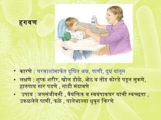 हगजवण
• कारणे : घरमाशांमाफतर्ग त दुिषत अन्न, पाणी, दुध यांतून
• लक्षणे : शुष्क शरीर, खोल डोळे, ओठ व तोंड कोरडे पडून सुकणे,
हातपाय गजार पडणे , नाडी मंदावणे
• उपाय : जलसंजीवनी , वैयिक्तिक व स्वयंपाकघर यांची स्वच्छता ,
उकळलेले पाणी, फतळे , पालेभाज्या धुवून िचरणे
 