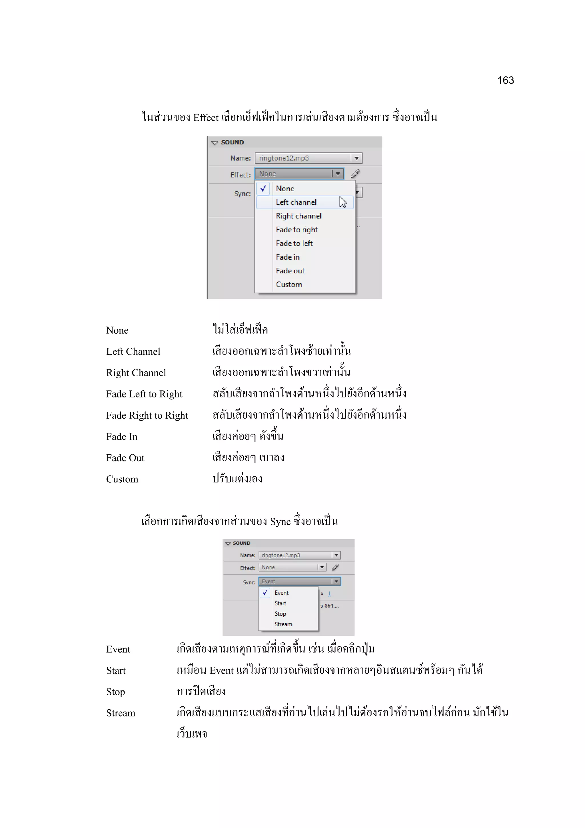 163
ในส่วนของ Effect เลือกเอ็ฟเฟ็คในการเล่นเสียงตามต้องการ ซึ่งอาจเป็น
None ไม่ใส่เอ็ฟเฟ็ค
Left Channel เสียงออกเฉพาะลาโพงซ้ายเท่านั้น
Right Channel เสียงออกเฉพาะลาโพงขวาเท่านั้น
Fade Left to Right สลับเสียงจากลาโพงด้านหนึ่งไปยังอีกด้านหนึ่ง
Fade Right to Right สลับเสียงจากลาโพงด้านหนึ่งไปยังอีกด้านหนึ่ง
Fade In เสียงค่อยๆ ดังขึ้น
Fade Out เสียงค่อยๆ เบาลง
Custom ปรับแต่งเอง
เลือกการเกิดเสียงจากส่วนของ Sync ซึ่งอาจเป็น
Event เกิดเสียงตามเหตุการณ์ที่เกิดขึ้น เช่น เมื่อคลิกปุ่ม
Start เหมือน Event แต่ไม่สามารถเกิดเสียงจากหลายๆอินสแตนซ์พร้อมๆ กันได้
Stop การปิดเสียง
Stream เกิดเสียงแบบกระแสเสียงที่อ่านไปเล่นไปไม่ต้องรอให้อ่านจบไฟล์ก่อน มักใช้ใน
เว็บเพจ
 