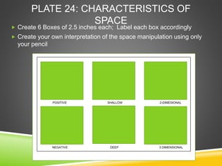 PLATE 24: CHARACTERISTICS OF
SPACE
 Create 6 Boxes of 2.5 inches each; Label each box accordingly
 Create your own inter...