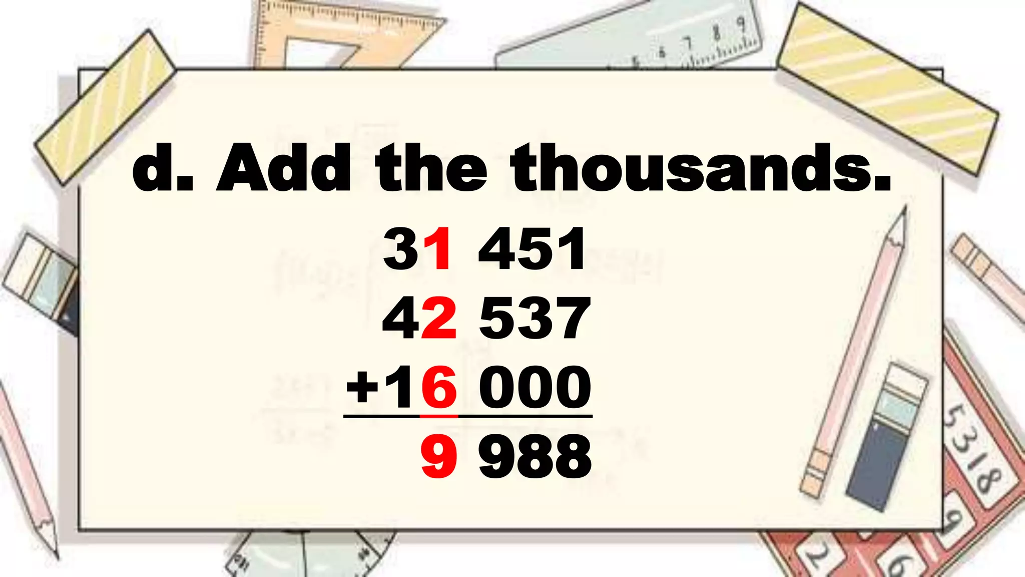 d. Add the thousands.
31 451
42 537
+16 000
9 988
 