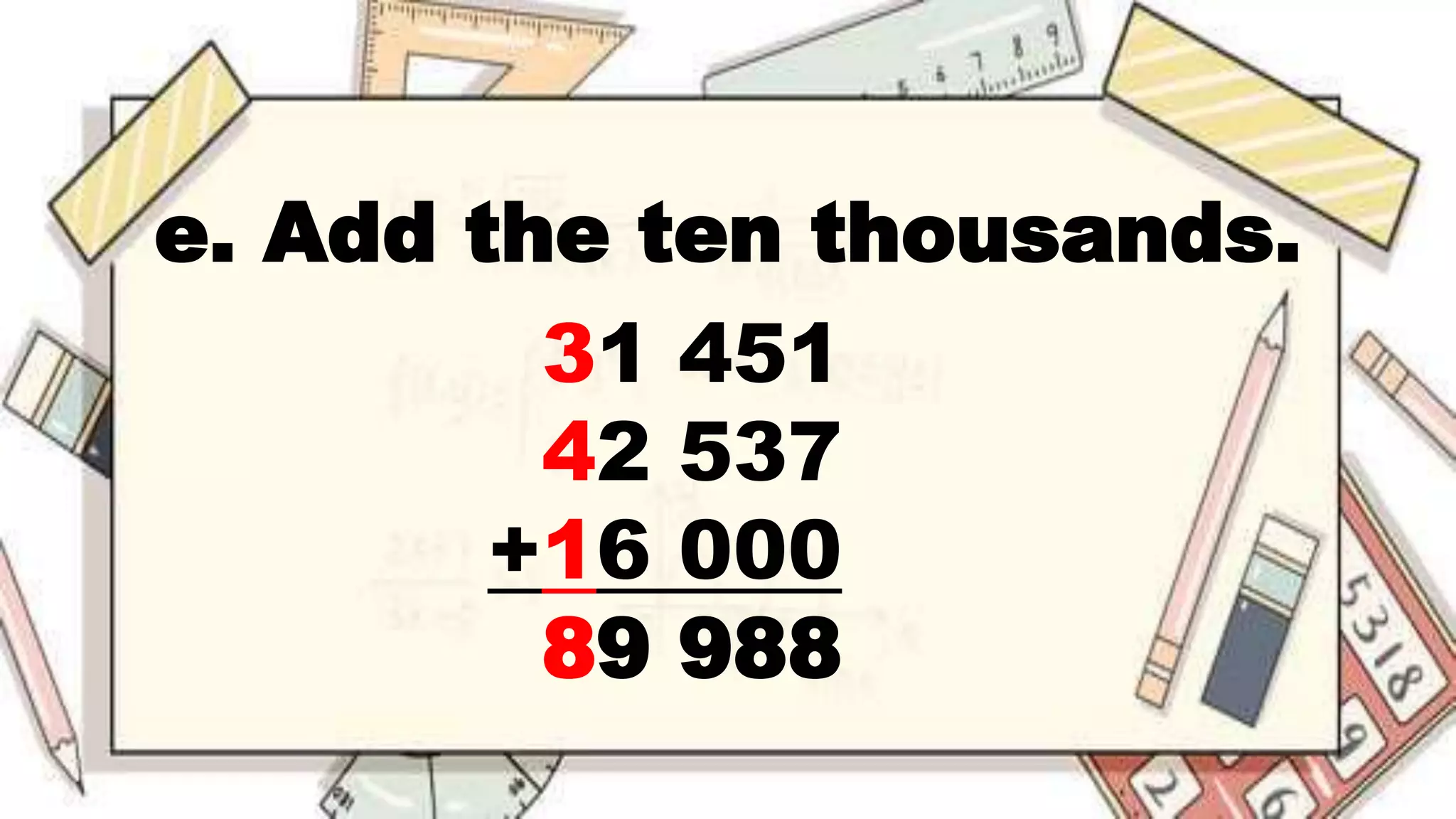 e. Add the ten thousands.
31 451
42 537
+16 000
89 988
 