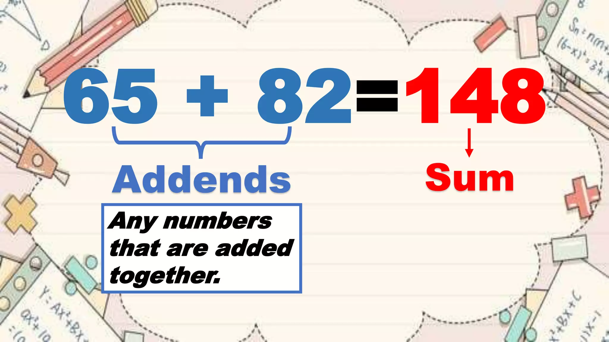 65 + 82=148
Addends Sum
Any numbers
that are added
together.
 