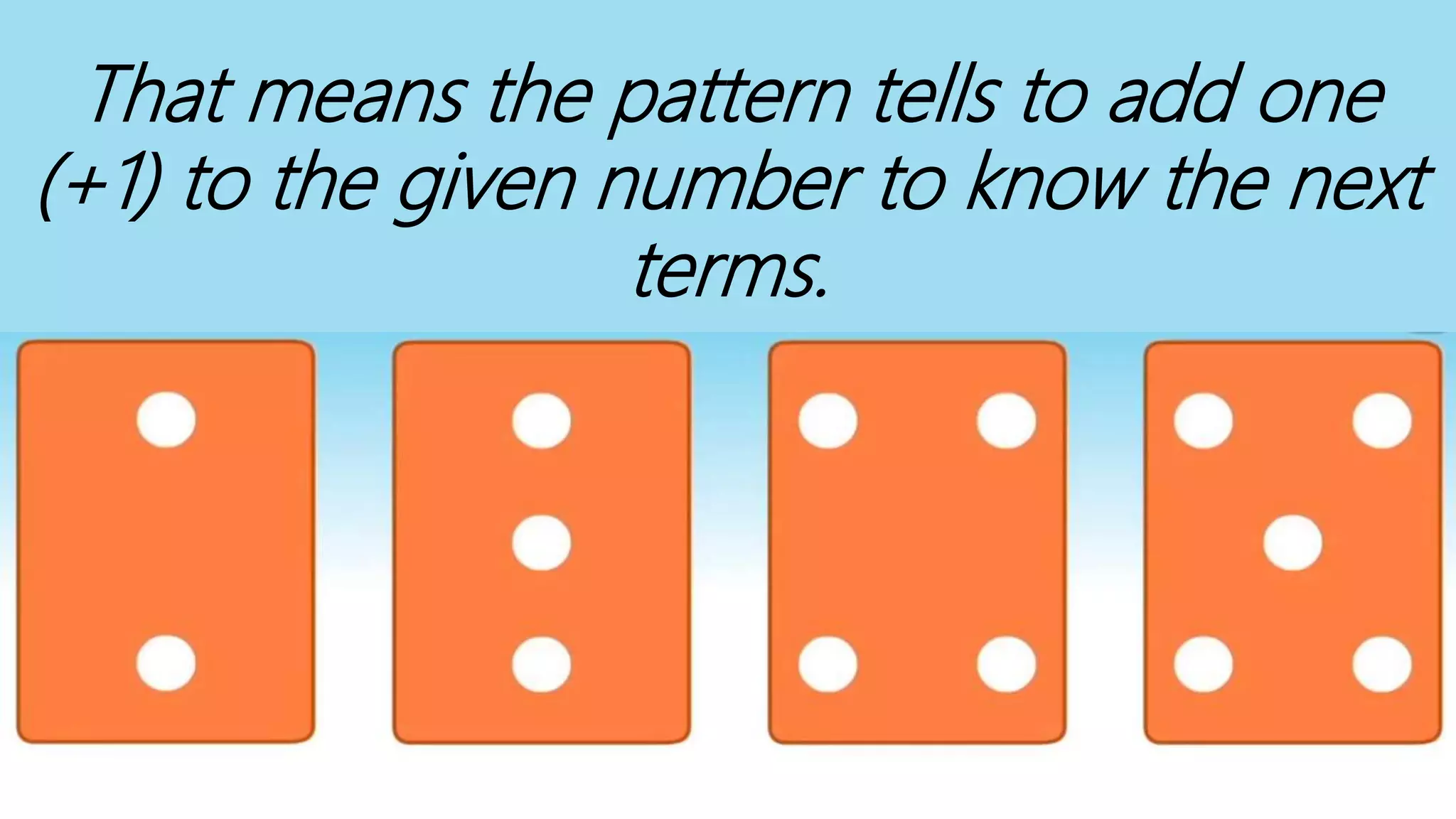 That means the pattern tells to add one
(+1) to the given number to know the next
terms.