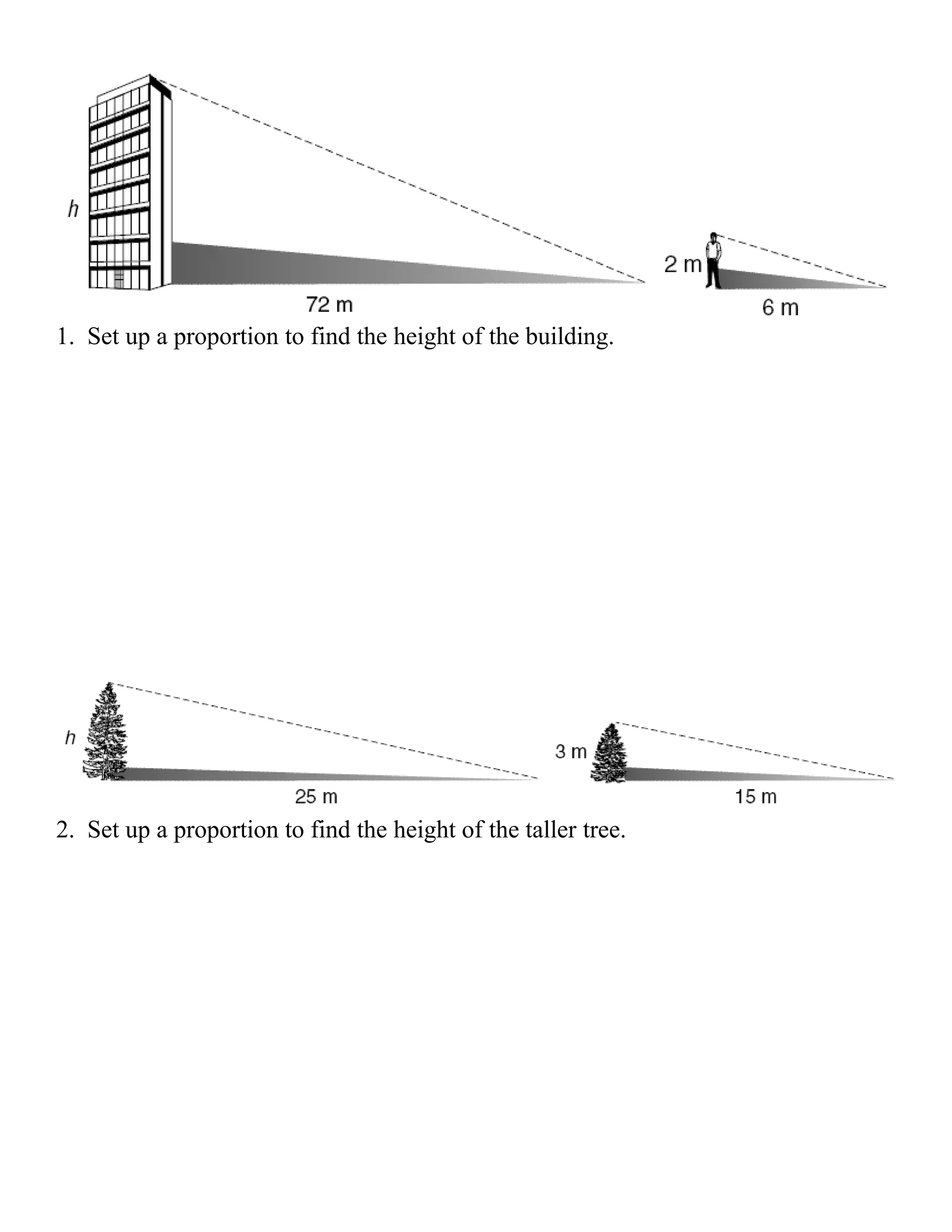 1. Set up a proportion to find the height of the building.




2. Set up a proportion to find the height of the taller tree.
 
