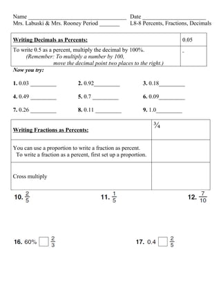 Lesson 8 8 precents, fractions, decimals