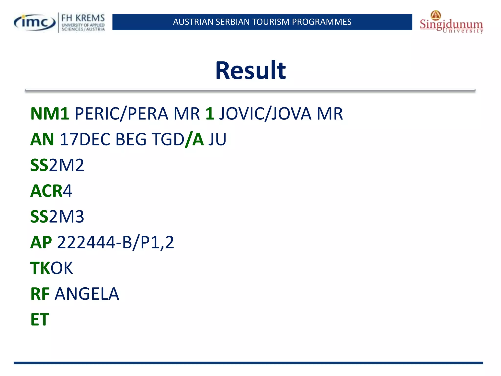 AUSTRIAN SERBIAN TOURISM PROGRAMMES
Result
NM1 PERIC/PERA MR 1 JOVIC/JOVA MR
AN 17DEC BEG TGD/A JU
SS2M2
ACR4
SS2M3
AP 222444-B/P1,2
TKOK
RF ANGELA
ET
 