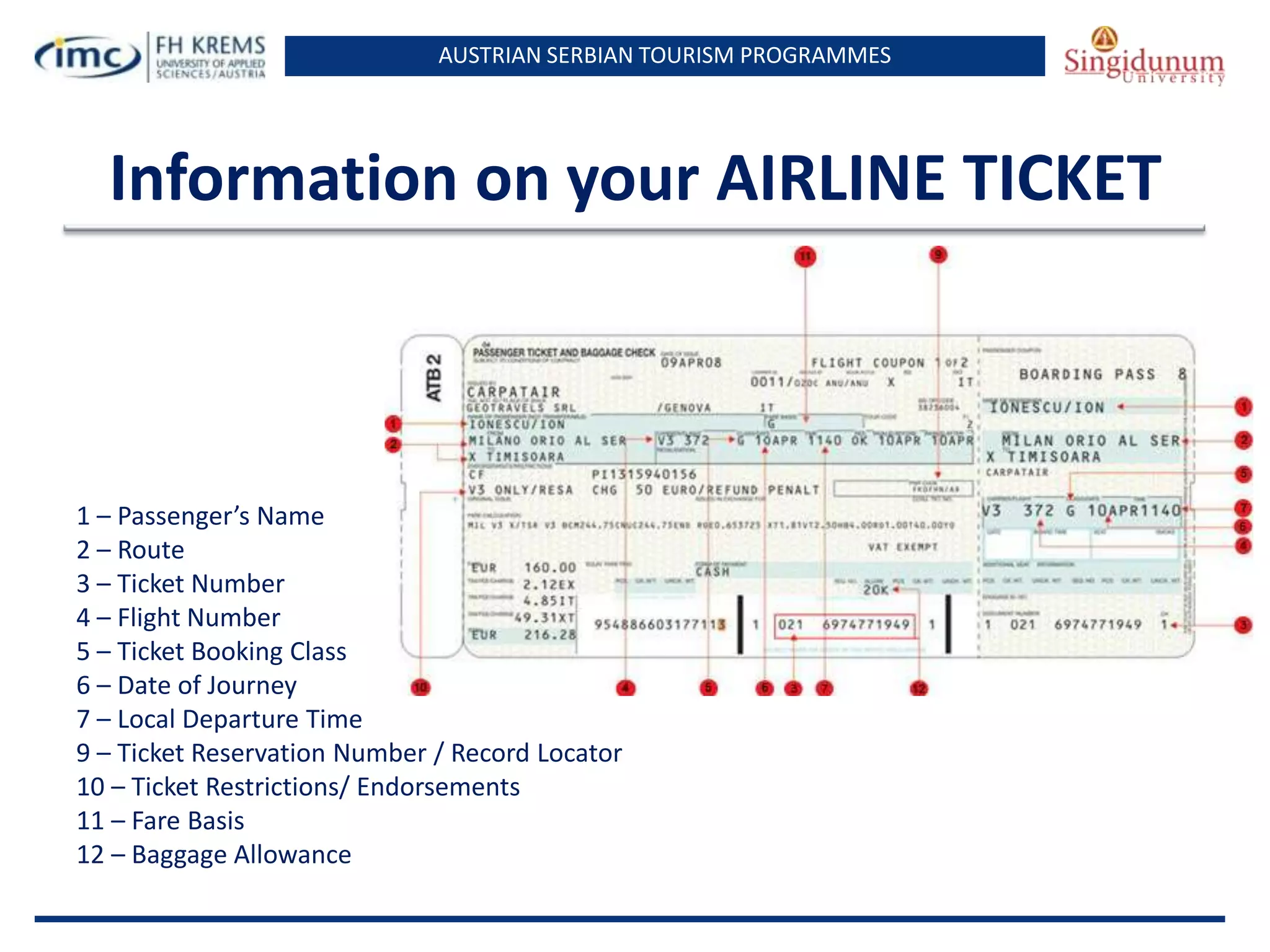 AUSTRIAN SERBIAN TOURISM PROGRAMMES
Information on your AIRLINE TICKET
1 – Passenger’s Name
2 – Route
3 – Ticket Number
4 – Flight Number
5 – Ticket Booking Class
6 – Date of Journey
7 – Local Departure Time
9 – Ticket Reservation Number / Record Locator
10 – Ticket Restrictions/ Endorsements
11 – Fare Basis
12 – Baggage Allowance
 