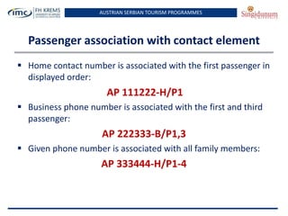 AUSTRIAN SERBIAN TOURISM PROGRAMMES
Passenger association with contact element
 Home contact number is associated with the first passenger in
displayed order:
AP 111222-H/P1
 Business phone number is associated with the first and third
passenger:
AP 222333-B/P1,3
 Given phone number is associated with all family members:
AP 333444-H/P1-4
 