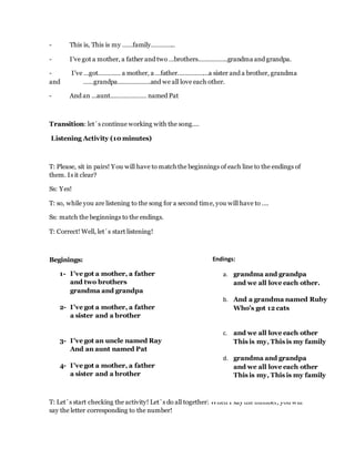 - This is, This is my ……family…………..
- I've got a mother, a father and two …brothers……………..grandma and grandpa.
- I've …got…………. a mother, a …father………………a sister and a brother, grandma
and ……grandpa……………….and we all love each other.
- And an …aunt………………… named Pat
Transition: let´s continue working with the song….
Listening Activity (10 minutes)
T: Please, sit in pairs! You will have to match the beginnings of each line to the endings of
them. Is it clear?
Ss: Yes!
T: so, while you are listening to the song for a second time, you will have to ….
Ss: match the beginnings to the endings.
T: Correct! Well, let´s start listening!
Beginings:
1- I've got a mother, a father
and two brothers
grandma and grandpa
2- I've got a mother, a father
a sister and a brother
3- I've got an uncle named Ray
And an aunt named Pat
4- I've got a mother, a father
a sister and a brother
T: Let´s start checking the activity! Let´s do all together! When I say the number, you will
say the letter corresponding to the number!
Endings:
a. grandma and grandpa
and we all love each other.
b. And a grandma named Ruby
Who's got 12 cats
c. and we all love each other
This is my, This is my family
d. grandma and grandpa
and we all love each other
This is my, This is my family
 