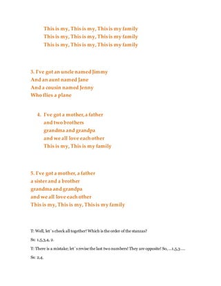 This is my, This is my, Thisis my family
This is my, This is my, Thisis my family
This is my, This is my, Thisis my family
3. I've got an uncle namedJimmy
And an aunt named Jane
And a cousin named Jenny
Who flies a plane
4. I've got a mother,a father
and two brothers
grandma and grandpa
and we all love each other
This is my, This is my family
5. I've got a mother, a father
a sister and a brother
grandma and grandpa
and we all love each other
This is my, This is my, Thisis my family
T: Well, let´s check all together! Which is the order of the stanzas?
Ss: 1,5,3,4, 2.
T: There is a mistake; let´s revise the last two numbers! They are opposite! So, …1,5,3 ….
Ss: 2,4.
 