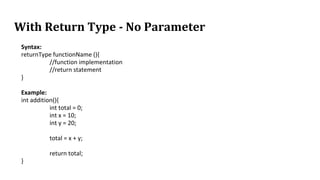 With Return Type - No Parameter
Syntax:
returnType functionName (){
//function implementation
//return statement
}
Example:
int addition(){
int total = 0;
int x = 10;
int y = 20;
total = x + y;
return total;
}
 
