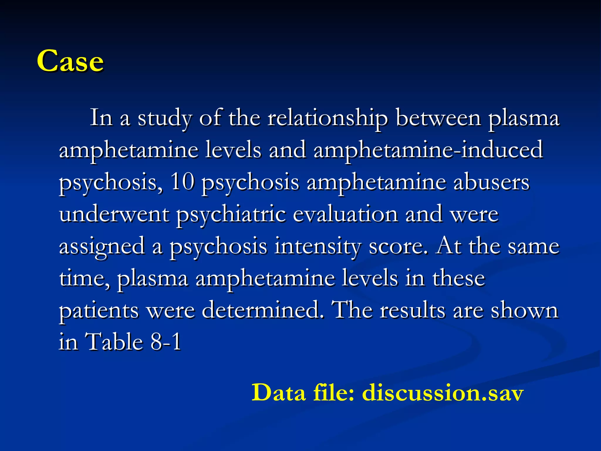 Case In a study of the relationship between plasma amphetamine levels and amphetamine-induced psychosis, 10 psychosis amphetamine abusers underwent psychiatric evaluation and were assigned a psychosis intensity score. At the same time, plasma amphetamine levels in these patients were determined. The results are shown in Table 8-1 Data file: discussion.sav 