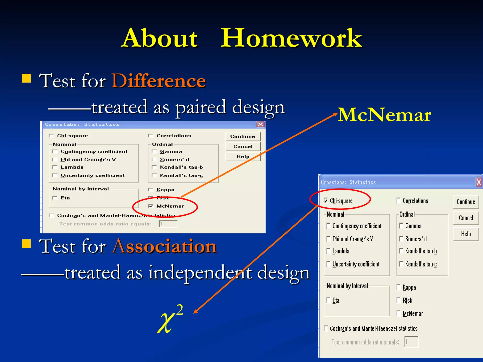 About  Homework Test for  D ifference   —— treated as paired design Test for  A ssociation   —— treated as independent design McNemar 