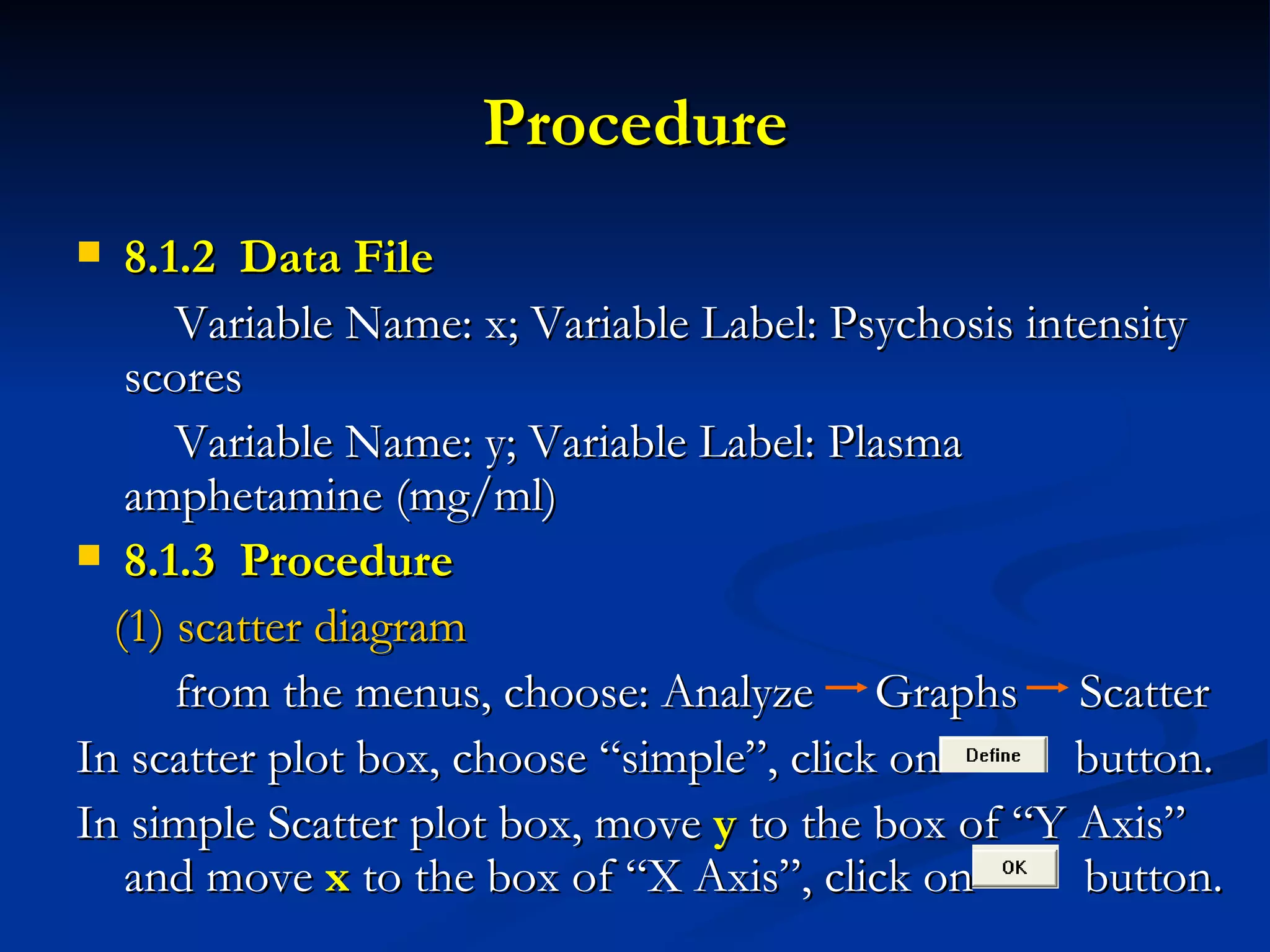 Procedure 8.1.2  Data File   Variable Name: x; Variable Label: Psychosis intensity scores Variable Name: y; Variable Label: Plasma amphetamine (mg/ml) 8.1.3  Procedure  (1)   scatter diagram   from the menus, choose: Analyze  Graphs  Scatter In scatter plot box, choose “simple”, click on  button. In simple Scatter plot box, move  y  to the box of “Y Axis” and move  x  to the box of “X Axis”, click on  button. 