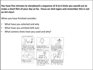 You have five minutes to storyboard a sequence of 4 to 6 shots you would use to
make a short film of your day so far. Focus on shot types and remember this is not
an Art class!
When you have finished consider:
• What have you selected and why
• What have you omitted (left out)
• What camera shots have you used and why?
 
